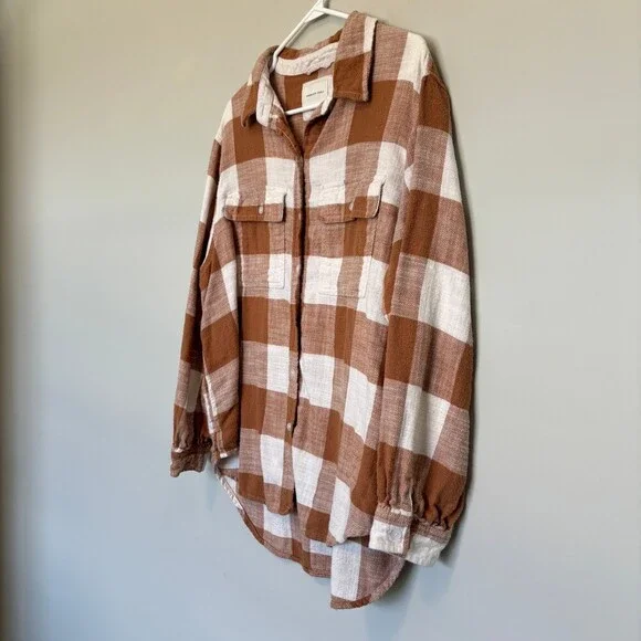 American Eagle Women's Medium Flannel Button Up Brown White Oversized Cozy Fall - Picture 2 of 10